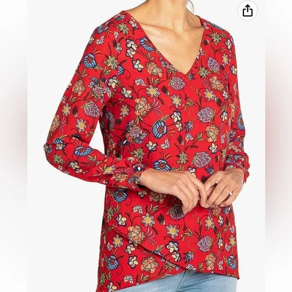 Chelsea & Theodore Women Long-Sleeve Crossover Woven Top Red Floral Paisley SzL - Picture 1 of 7